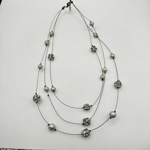 VTG Y2K Women's Silver Tone Necklace Multi Strand Layered Beaded Gemstone 19"